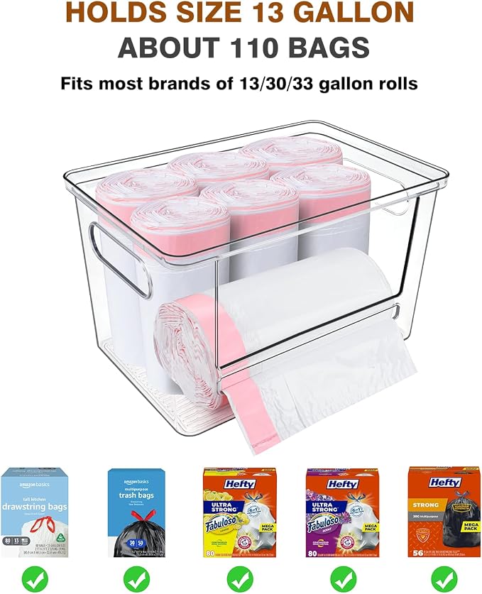 Trash Bag Dispenser 2 Pack - Under Sink Organizer, Plastic Bag Holder | Stackable Acrylic Garbage Bag Storage with Bamboo Lid for Kitchen Cabinet, 13/30/33 Gallon Grocery Bag Dispenser
