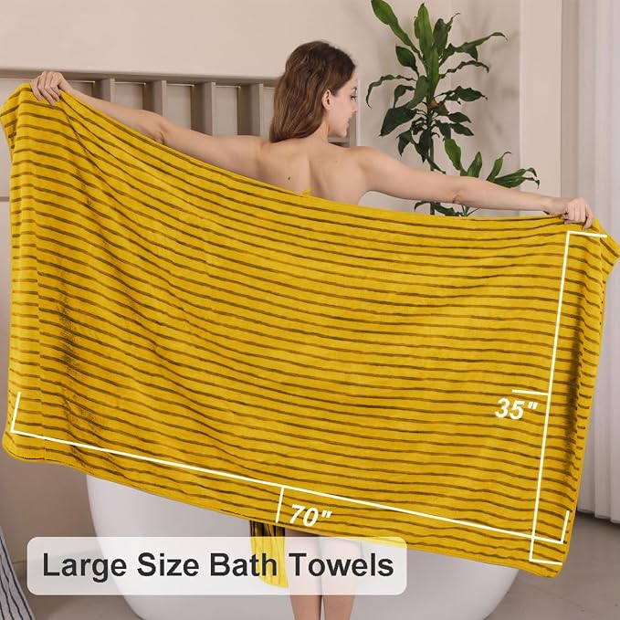4 Pcs Ywllow Cabana Stripe Large Bath Sheets Soft Polyester Bathroom Towels | Fluffy oversized towel with hang loops absorbent quilck dry easy replacement family dorm sets for home beach pool gym yoga