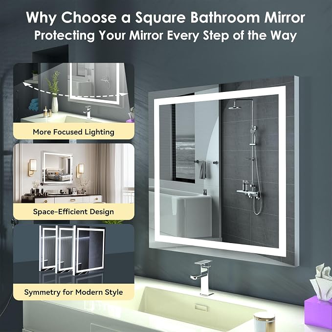 LED Lighted Bathroom Mirror Square Vanity Mirror with Light 28"x28" | Stepless Dimmable, 3 Colors (3000K-6000K), Anti-Fog, Wall Mounted, 1 Hour Auto Off, Memory Function, Reinforced Packaging