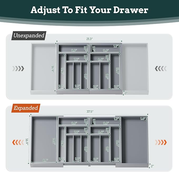 Magnetic Expandable Silverware Drawer Organizer, 13 Slots Utensil Gray | Magnetic Connected, Expandable 21-37.4 Inch, 13 Divided Slots, Gray Cutlery Utensil Organize Kitchen