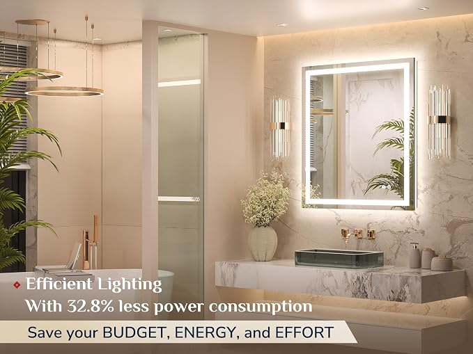 Keonjinn 30x36 Inch LED Bathroom Mirror with Lights, 3-Color Temperature | HD Tempered Grass, Frontlit & Backlit & Stepless Dimmable Lighting, Fast & Safe Defogging, Effortless Installation