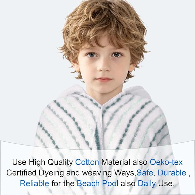 VOOVA & MOVAS Kids Hooded Bath Towel, 6-10 Years, 100% Cotton, White Green | Dotted Plaid Pattern, Ultra Thick Fabric, Strong Absorbency for Bath and Beach Trips