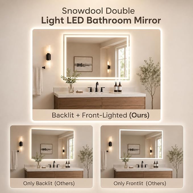Snowdool 30 x 36 in RGB LED Bathroom Mirror, Front and Backlit, Anti-Fog | 8 RGB Backlight Modes, 3 Front Light Colors, Anti-Fog, Tempered Glass