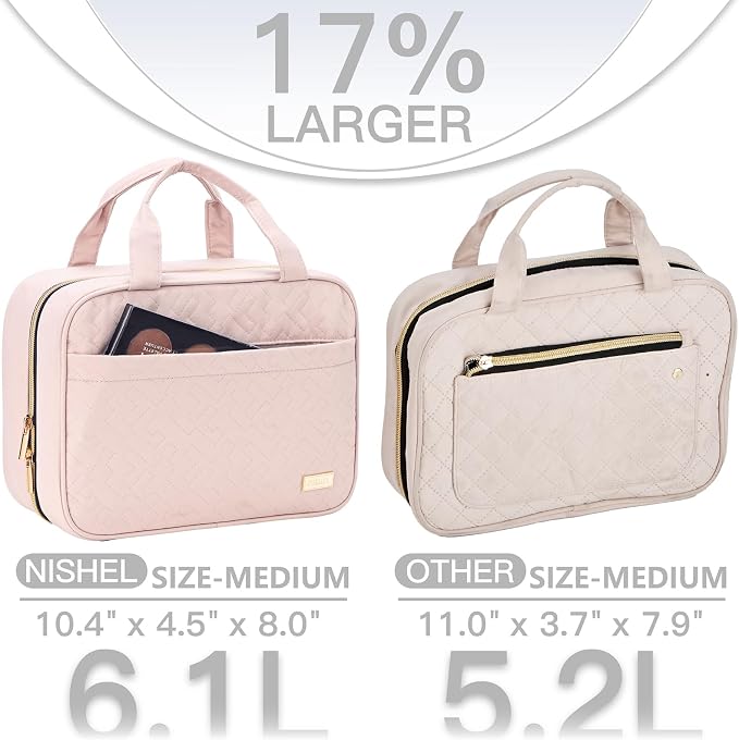NISHEL Travel Toiletry Bag for women, Portable Hanging makeup Organizer | for Travel-Sized Shampoo, Conditioner, Brushes Set, makeup Accessories, Medium Size, Pink