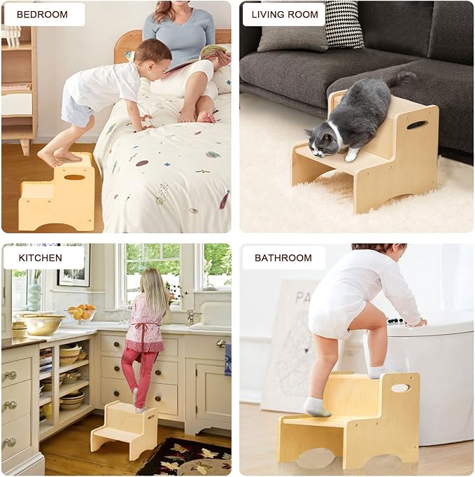 Wooden Toddler Step Stool for Kids, Bathroom Potty Stool & Kitchen Stool, Natural Two Step Stool for Bedroom, Children's Stool with Handles and Safety Non-Slip Pads