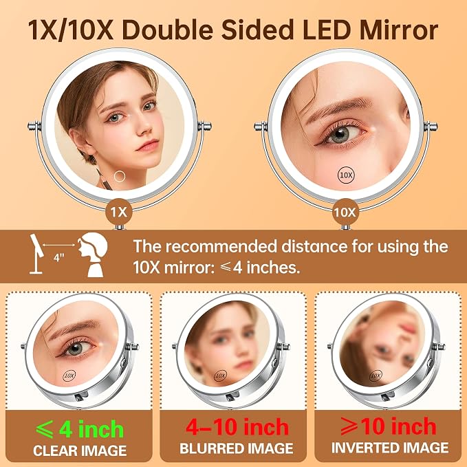 Gospire 7" Lighted Makeup Mirror, 1X/10X Magnification, Height Adjustable | 3 Color Dimmable Lights, 360° Swivel, Double Sided, Rechargeable LED Cosmetic Vanity Mirror, Cordless Standing Mirrors