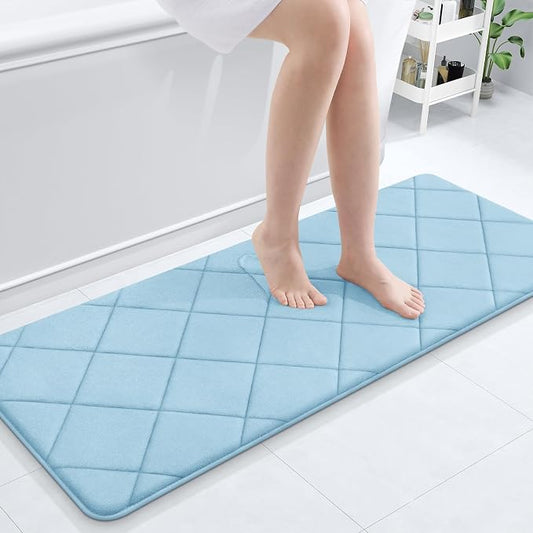 OLANLY Memory Foam Bath Mat 47x20, Ultra Soft and Absorbent Bathroom Rugs | Sky Blue, Quick Dry, Machine Washable Shower Bath Rugs, Comfortable Bath Carpet for Bathroom Floor, Tub and Shower