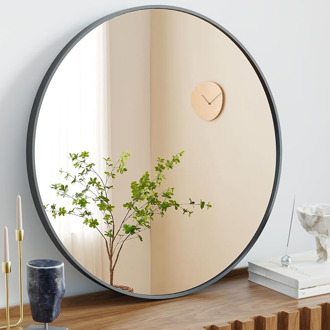 NEWBULIG 28 Inch Round Bathroom Mirror, Wall Mount Vanity Mirror | Circle Mirror for Over Sink, Matte Metal Frame, Entryway Decor, Bedroom Decor, Black