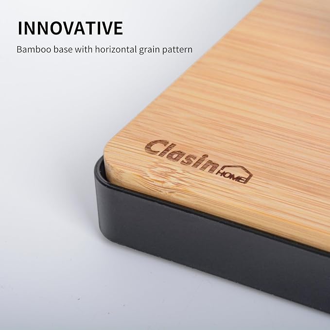Clasin Home Toilet Paper Holder Stand, Free Standing Toilet Paper Holder with Storage and Top Shelf, Black Toilet Paper Stand Weighted Base with Bamboo Design for Bathroom