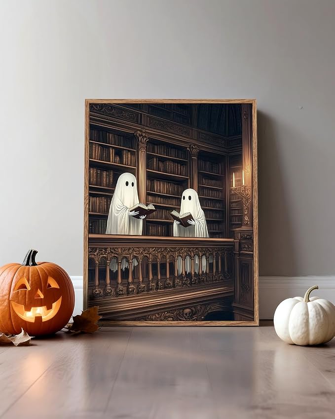 InSimSea Framed Canvas Prints Art Vintage Decor, Cute Reading Ghosts Library Painting, Moody Spooky Dark Academia Wall Art for Bathroom, Halloween Witchy Room Wall Cottagecore Decor, 12x16inch