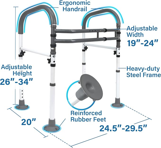 Vaunn Medical Adjustable Toilet Safety Rail for Seniors, Foldable Toilet Safety Frame for Elderly Adults, Bathroom Grab Bar Handle, Toilet Handle for Elderly & Disabled, Free-Standing (Gray)