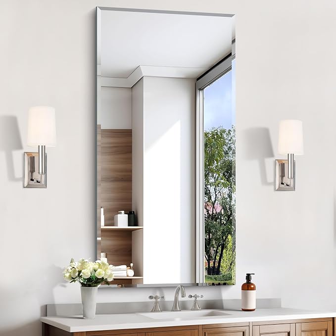 KOCUUY Beveled Mirror, 24x48 Inch Frameless Bathroom Mirror for Over Sink, Upgraded Shatterproof Beveled Unframed Design Mirror for Bathroom, Bedroom, Hang Horizontal/Vertical