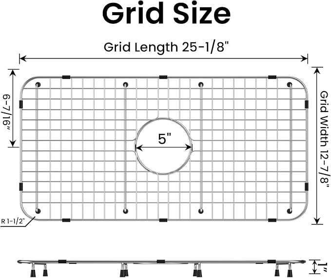 25-1/8" x 12-7/8" Sink Grid, Centered Drain with Corner Radius 1-1/2",Stainless Steel Material Sink Bottom Grid for Single Bowl Sink