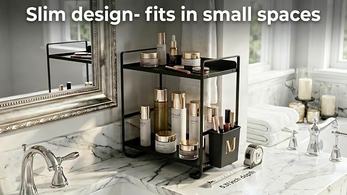 2 Tier Bathroom Countertop Organizer with Side Caddy, Black and Gold Metal Bathroom Organzier, Slim Counter Storage Rack for Vanity (Matte Black)