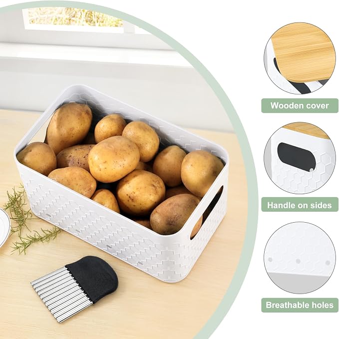 Kitchen Vegetable Storage Set of 3, Metal Onion Garlic Potato Storage Set, Kitchen Canisters Vegetable Keeper Containers with Aerating Holes and Bamboo Lid,Embossed White