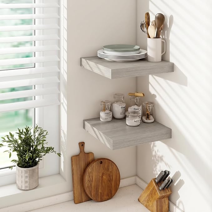Vivelove Square Floating Shelves 12x12” Set of 2, Grey | Easy Install with Hardware, Invisible Brackets, No Sagging, Living Room Display Shelf, 2" Thick，Engineered Wood