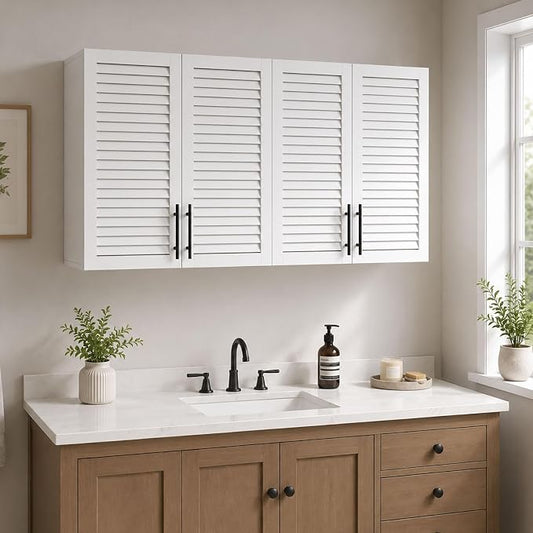 60" Laundry Room Wall Cabinet with Shutter Style Doors, Wall Storage Cabinet with Adjustable Shelf, Bathroom Wall Cabinet, Upper Storage for Laundry Room, Bathroom, Kitchen, Garage, White