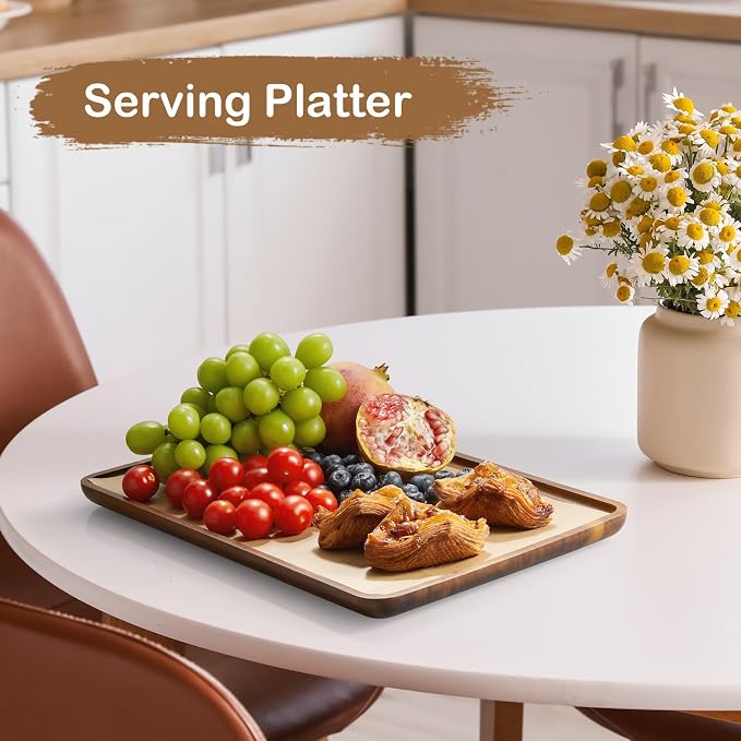 16 Inch Acacia Wood Serving Tray, Rectangular Wooden Decorative Tray for Food, Appetizers, Snacks, Desserts, Coffee Table, Bathroom, Entryway, Vanity, Home Decor Organizer