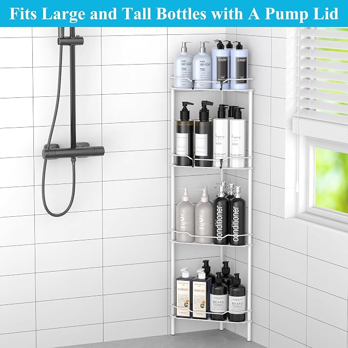 Metal Floor Standing Corner Shower Caddy, White, 4 Tier | Adhesive Bathroom Organizer Shelves, Free Standing Shower Rack with Hooks, Hold Large Shampoo Bottles