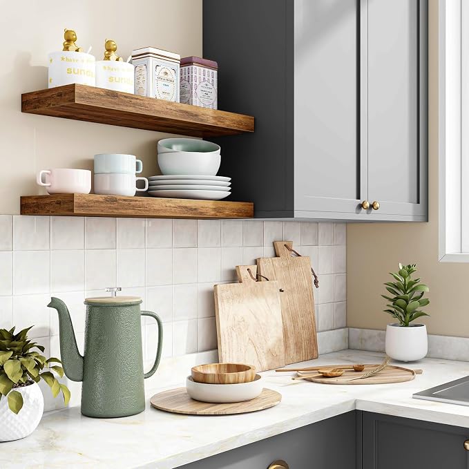 Fixwal Floating Shelves for Wall Decor (Rustic Brown, Set of 2, 15.7 Inch) | MDF Shelves with Metal Brackets, Space Saving for Books, Decor, Works in Bathroom, Kitchen, Living Room, Bedroom