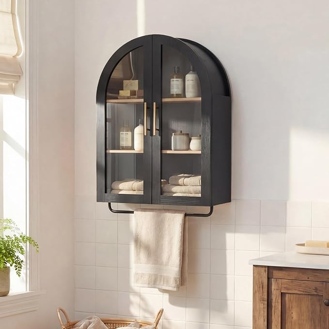 Seang Bathroom Arched Wall Cabinet,Modern Medicine Cabinet with Towel Bar and Adjustable Shelf,Over The Toilet Wall Storage Cabinet,Black