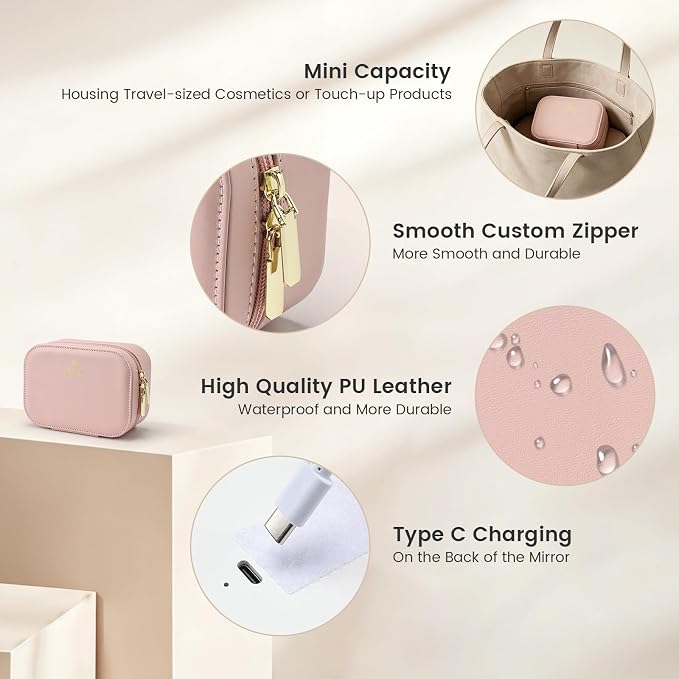 Faquenc Leather Travel Makeup Bag with LED Lighted Mirror Adjustable Brightness in 3 Colors Mini Cosmetic Bag Portable Makeup Pouch Travel Toiletry Bag for Women Instant Touch-up Vanity Pink