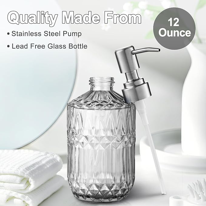 Kaishun 13OZ Refillable Glass Soap Dispenser for Hand Soap & Lotion, Clear
