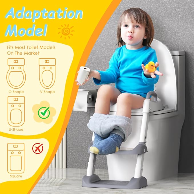 HBTower Potty Training Seat with Step Stool Ladder & Safety Handles,Grey | Foldable Toddler Toilet Seat with Splash Guard for Boys and Girls, Comfortable Kids Potty Cushion & Anti-Slip Pads