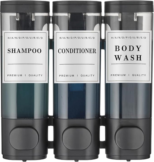 Shampoo and Conditioner Dispenser,Shower Soap Dispenser 3 Chamber No Drill Wall-Mounted Shampoo Dispenser for Shower Wall Mounted Shower Dispenser for Bathroom Hotel Large Capacity,Black