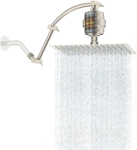 Hibbent 12'' Filtered Rain Shower Head, 16'' Extension Arm, Brushed Nickel | High Pressure Rainfall Showerhead, Brass Adjustable Shower Head Extension Arm, 20 Stage Shower Filter, Fixed Showerheads