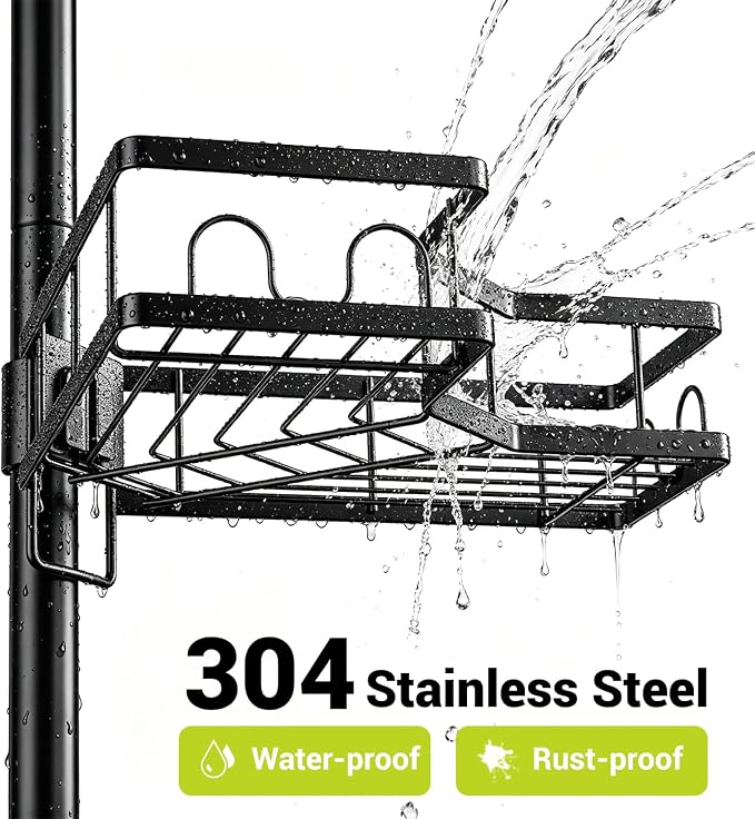 Standing Corner Shower Caddy - 4-Tier Rustproof Adjustable Shower Shelves | No Drill Floor Standing Shower Organizer, for Tall Shampoo, Conditioner, Fits Renters, Apartments, Bathtubs & Walk-in Showers