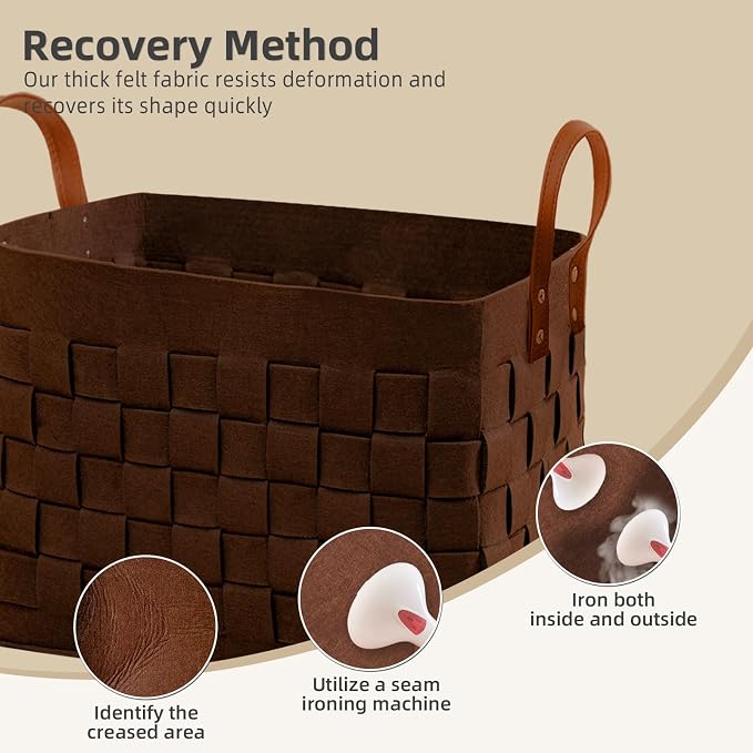Laundry Basket 16.5 " x13 x13 , Large Rectangular Felt Fabric Blanket Basket with Leather Handle, Dirt Clothes Laundry Hamper for Babies, Dogs and Living Room-Brown
