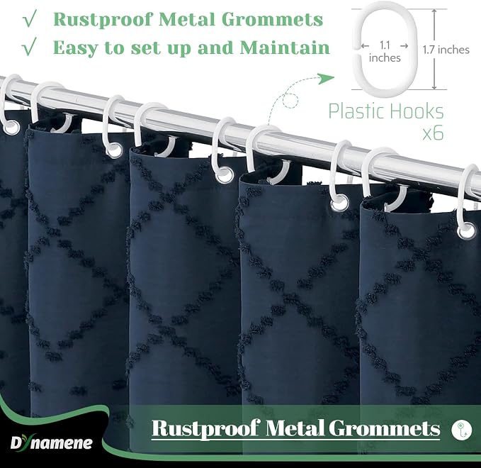 Stall Boho Shower Curtain Tufted Geometric 36"x72" Navy Blue | Narrow Half Size, Elegant Tassel, Soft Lightweight Textured Fabric, Water Repellent, Washable, for Bathroom/Dorm 6 Hooks