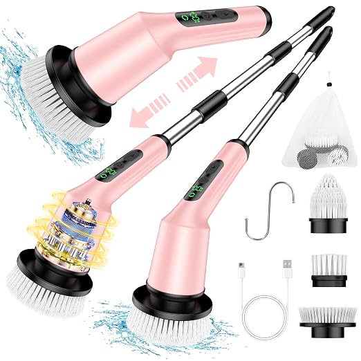 Electric Spin Scrubber for Bathroom, Shower Scrubber with Long Handle | Shower Cleaner Brushes, IPX7 Waterproof & 2 Speed, 3 Brush Heads, 90min Runtime, Bathroom Cleaning Supplies for Toilet Tub