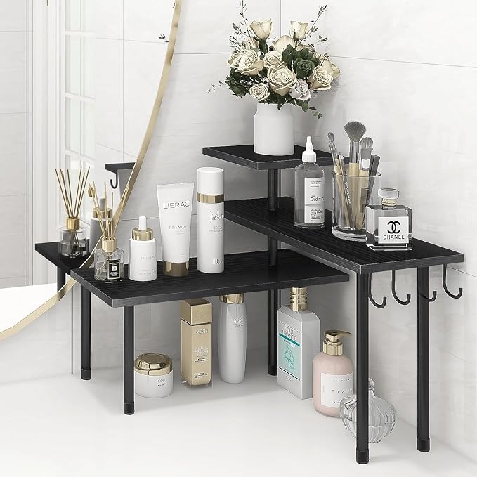 Bathroom Counter Organizer Corner Shelf, Kitchen Countertop Organizer, 3 Tier Wood Counter Shelf Stand for Over The Sink, Coffee Station, Desktop, Black