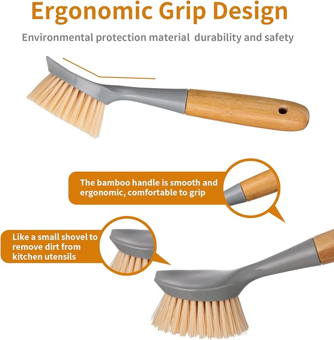 2 Pack Kitchen Dish Brush Bamboo Handle Dish Scrubber Built-in Scraper | Scrub Brush for Pans, Pots, Kitchen Sink Cleaning, Dishwashing and Cleaning Brushes are Perfect Cleaning Tools, Color-Gray