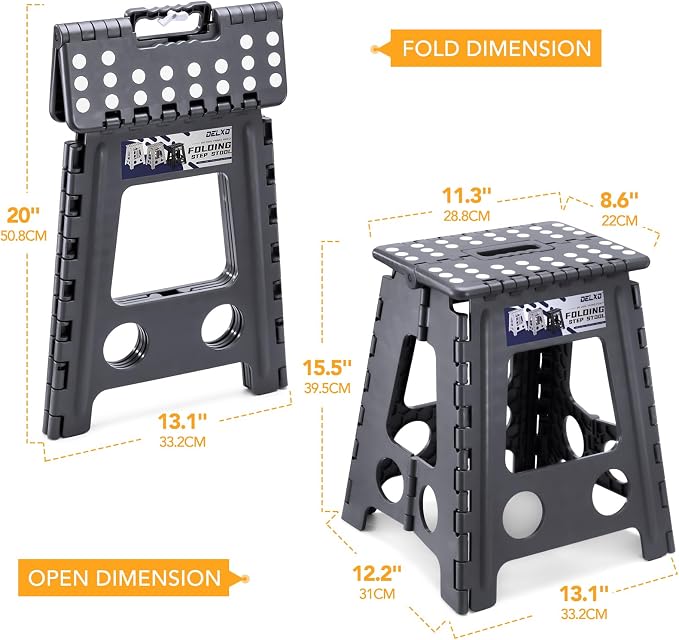 Delxo 16 Inch Folding Step Stool,Foldable Step Stool for Adults Dark Grey | Step Stool with Safety Lock,Portable Collapsible Step Stool,Non-slip Folding Stools for Kitchen Bathroom Bedroom Garden 1PC