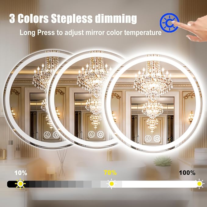 LTFUUAI 28" Round LED Bathroom Mirror with Lights, Front & Back Light | Lighted Bathroom Mirror, Touch 3-Color Stepless Dimming, Wall Mounted, Anti-Fog Shatterproof, UL Listed