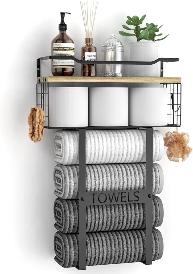 Towel Racks for Bathroom Wall Mounted - Bath Wall Towel Holder Set Above Toilet Storage, Rolled Towel Shelf Organizer for Small Bathroom, Wood Vertical Towel Rack for Bathroom Wall Decor | Towel Storage with Wood Shelf & Metal Basket,Fit for Small Bath...