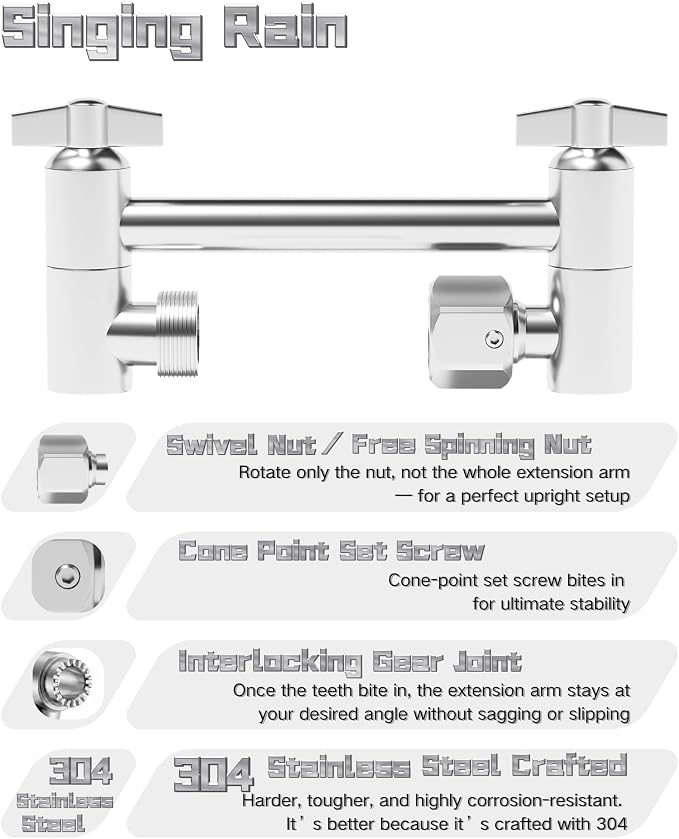 5 Inch Adjustable Shower Head Extension Arm, With Locking Set Screw, Singing Rain 304 Stainless Steel Chrome Angle Height Adjustable, Easy Install, G1/2 Universal Connector Compatible (Chrome Finish)
