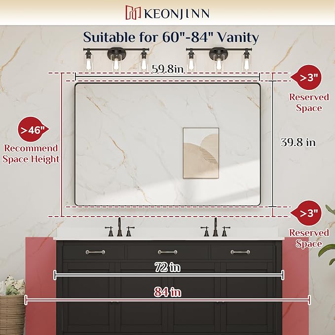 Keonjinn 60 x 40 Inch Black Bathroom Mirrors for Over Sink, Tempered Glass | Sandblasted Finish, Matte Black Vanity Mirror, Anti-Rust, Seamless Aluminum Frame, Rounded Rectangle, French Cleat Mount