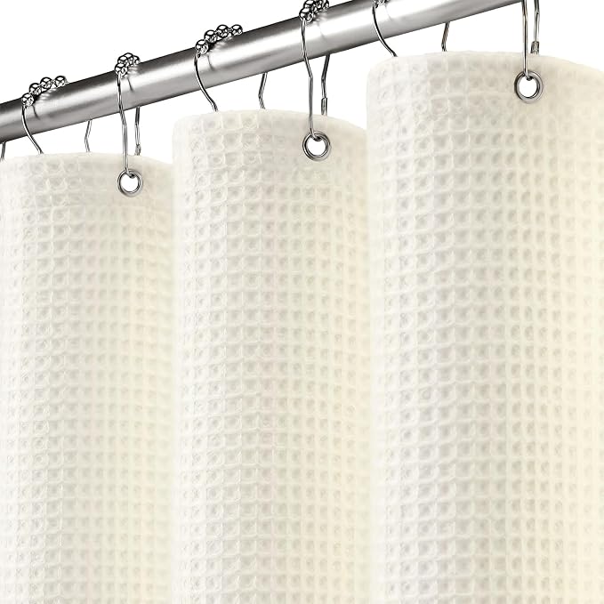 Waffle Weave Shower Curtain Heavyweight Cotton Fabric Ivory 72Wx72L | Soft Cotton Cloth,3D Square Truely Waffle Washable, Hotel Luxury Spa, Shower Curtain Set for Bathroom 12 Plastic Hooks