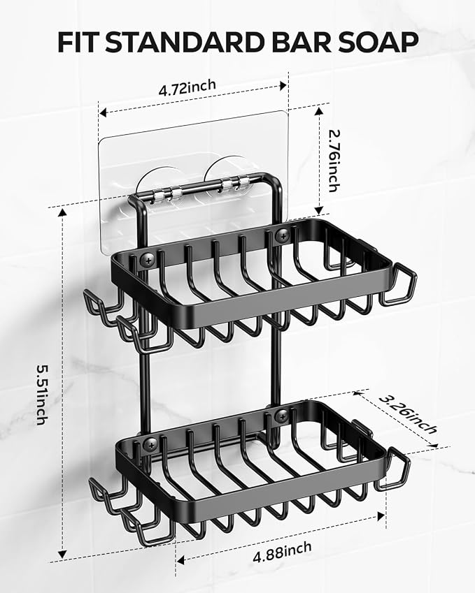 Nieifi Bar Soap Holder, Adhesive Soap Dish for Bathroom Shower Wall | Stainless steel, 2 tier, razor holders, 8 hooks, bathtub, kitchen sink, wall mounted, no drilling, counter, black