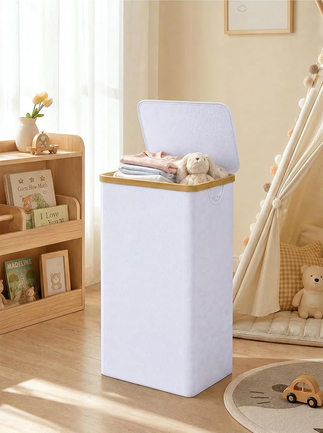 IEGrow Laundry Hamper with Lid,110L Laundry Basket with Mesh Bags,White | Dirty Clothes Hamper Basket with Bamboo Handle for Clothes Towels