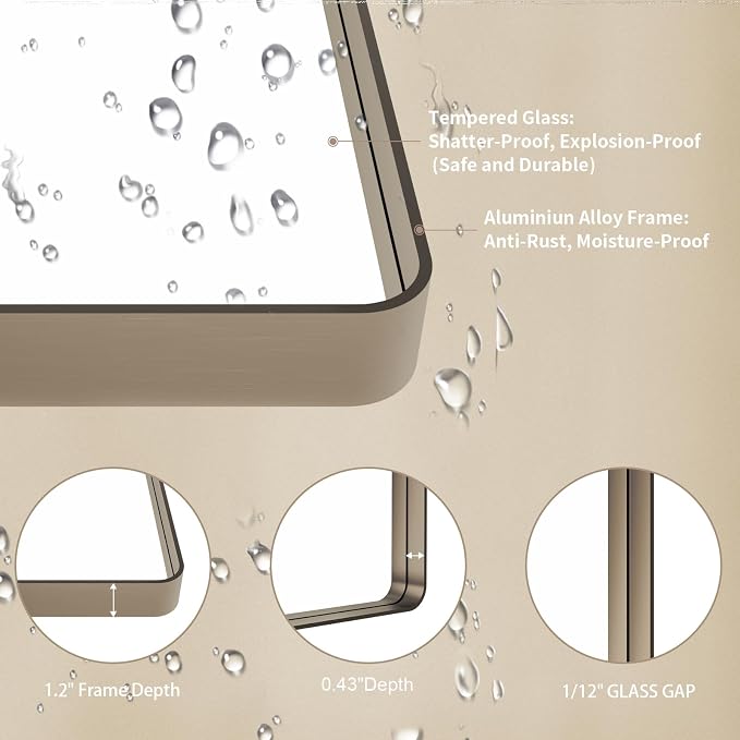 LOAAO 40"X36" Bronze Bathroom Mirrors for Vanity | Rounded Rectangle, Brushed Bronze Metal Frame, Anti-Rust, Tempered Glass, Hangs Horizontally or Vertically