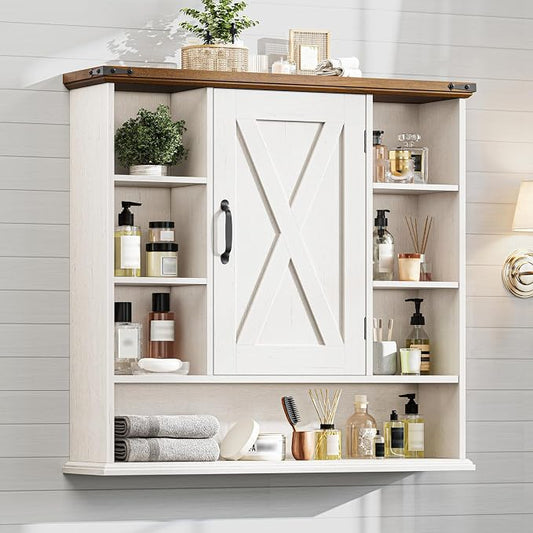 Bathroom Wall Cabinet, Farmhouse Medicine Cabinet with Adjustable Shelves and Barn Doors, Large Wall Mounted Over the Toilet Storage Cabinet for Bathroom, Laundry Room, Kitchen, Rustic White and Brown