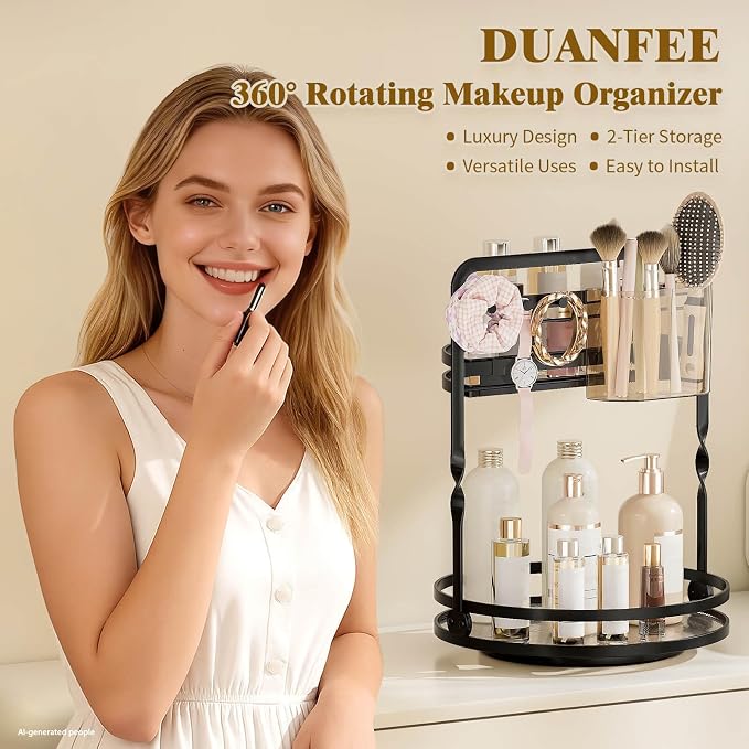 360 Rotating Makeup Vanity Organizer,Black 2-Tier Perfume Organizer | Bathroom Countertop Organizer, Lazy Susan Vanity Tray Spinning Skincare Storage with Jewelry Hooks & Makeup Brush Holder