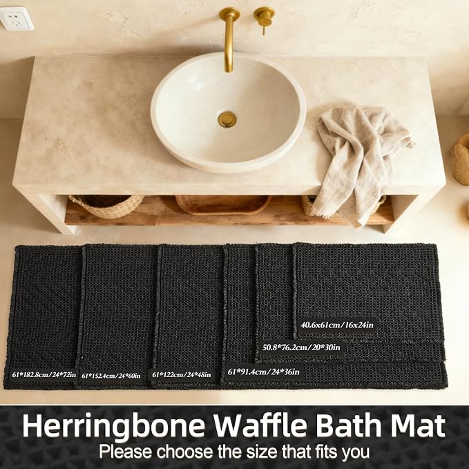 Sunfly Black Bathroom Rug, Waffle Bath Mat Non-Slip Washable Super Absorbent Quick Dry,Quick Drying，Boho Farmhouse Bathroom Decor 16"x24" Black