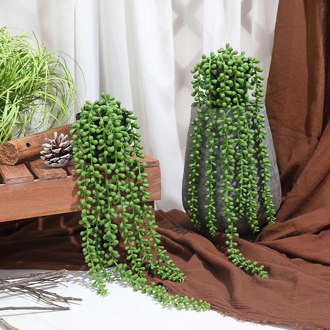 2pcs Fake Hanging Plants Fake Potted String of Pearls Succulent Plants Small Faux Plants for Indoor Outdoor Shelf Wall Decor