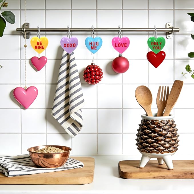 Valentine's Day Shower Curtain Hooks, 12Pcs Heart Shape Rustproof Resin Hooks with Love Messages, Decorative Bathroom Rings for Towel Curtain, 6 Colors